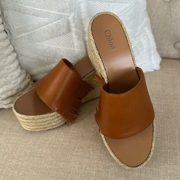 Chloe Estel Leather Fringe Platform Sandals Wedge Espadrilles