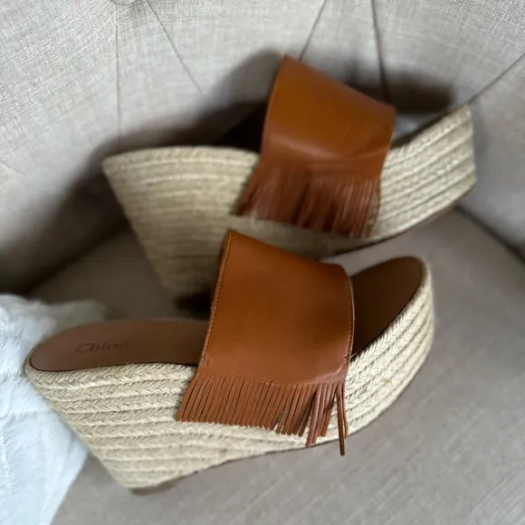 Chloe Estel Leather Fringe Platform Sandals Wedge Espadrilles