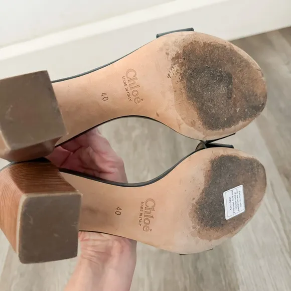 Chloe Navy Leather Ankle Strap Block Heel Sandals 40/9.5