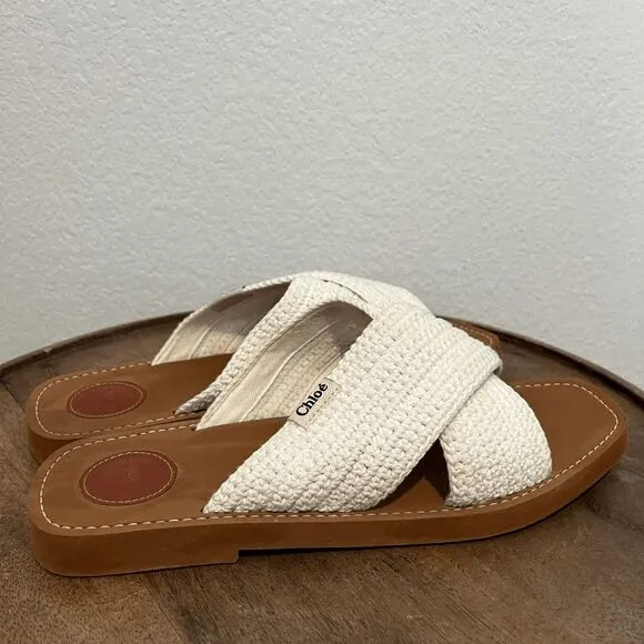 Chloe White Crochet Woody Flat Criss-Cross Strap Sandals Women's Size 42 US 12