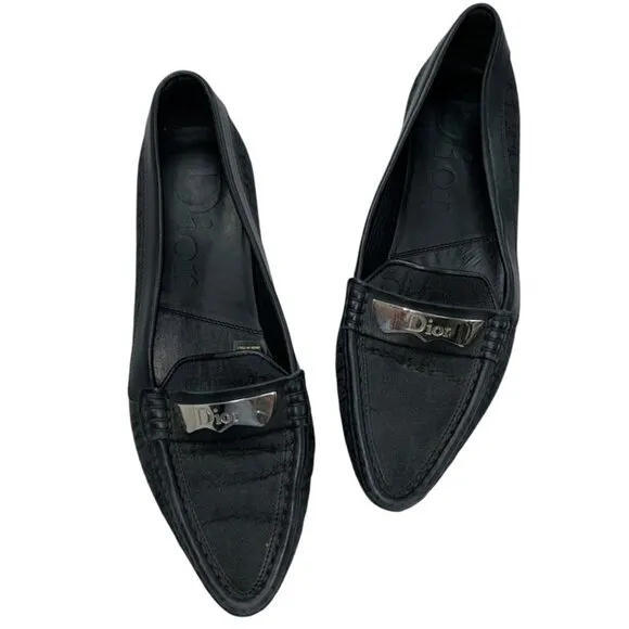 Christian Dior black Logo print Silver bar driving moccasin loafers 37 7