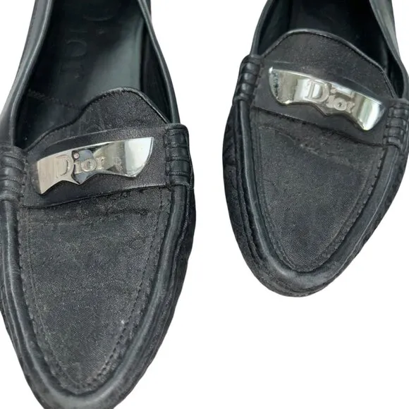 Christian Dior black Logo print Silver bar driving moccasin loafers 37 7