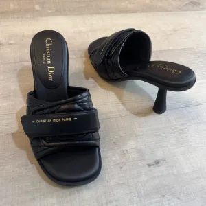 Christian Dior Revolution Cannage Quilt Calfskin Leather Heeled Slide Sandals