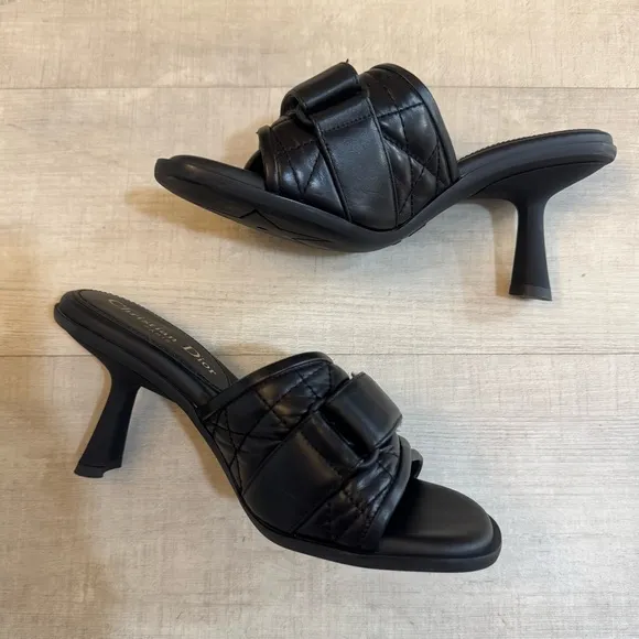 Christian Dior Revolution Cannage Quilt Calfskin Leather Heeled Slide Sandals