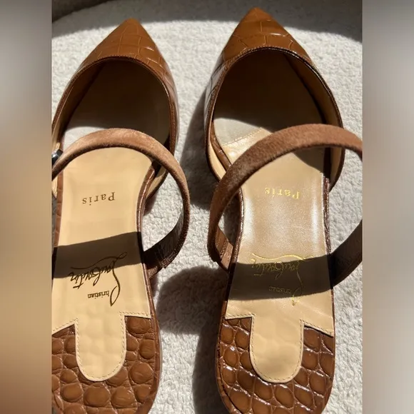 Christian Louboutin CHOC LOCK Croc Embossed Leather Flat Mule Sandals Sh…