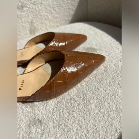 Christian Louboutin CHOC LOCK Croc Embossed Leather Flat Mule Sandals Sh…