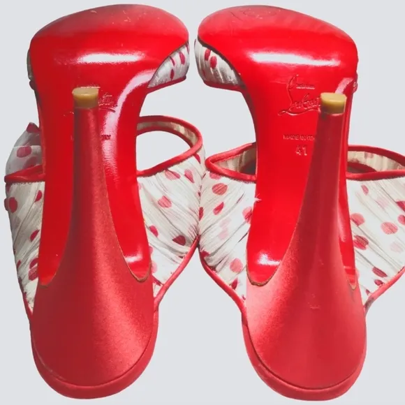 CHRISTIAN LOUBOUTIN Miss Chief Polka Dot Crepe Sandal with Red Satin heel &amp; Bow