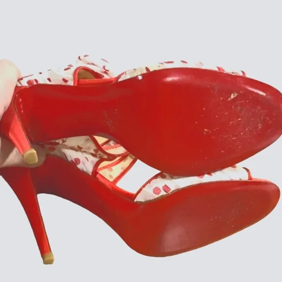 CHRISTIAN LOUBOUTIN Miss Chief Polka Dot Crepe Sandal with Red Satin heel &amp; Bow