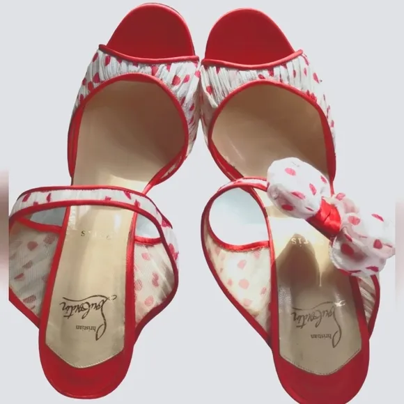 CHRISTIAN LOUBOUTIN Miss Chief Polka Dot Crepe Sandal with Red Satin heel &amp; Bow