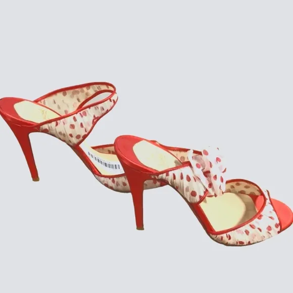 CHRISTIAN LOUBOUTIN Miss Chief Polka Dot Crepe Sandal with Red Satin heel &amp; Bow