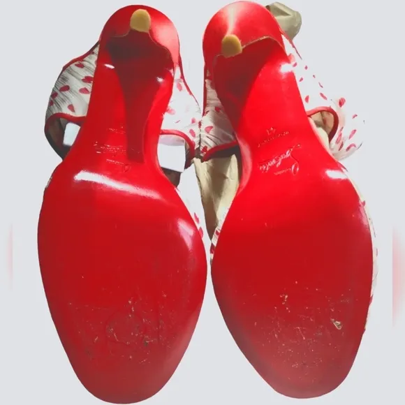 CHRISTIAN LOUBOUTIN Miss Chief Polka Dot Crepe Sandal with Red Satin heel &amp; Bow