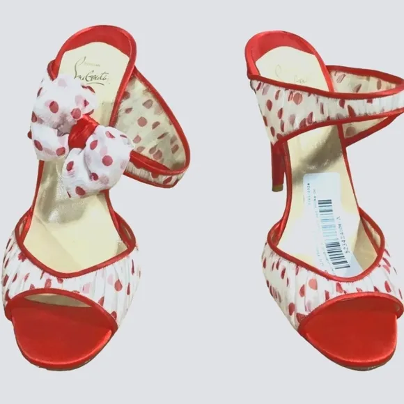 CHRISTIAN LOUBOUTIN Miss Chief Polka Dot Crepe Sandal with Red Satin heel &amp; Bow