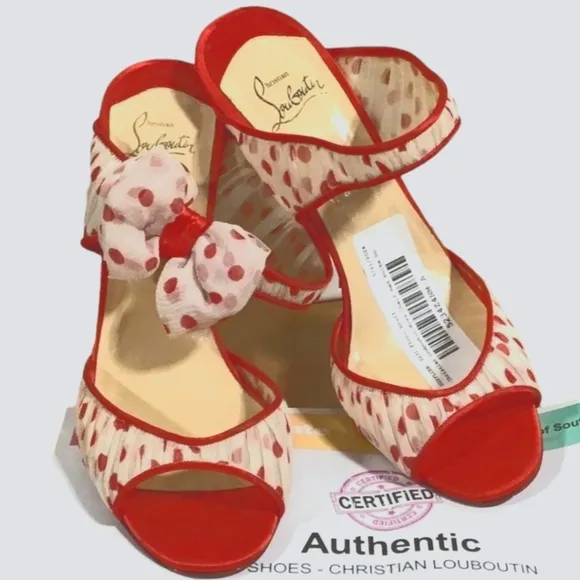 CHRISTIAN LOUBOUTIN Miss Chief Polka Dot Crepe Sandal with Red Satin heel &amp; Bow