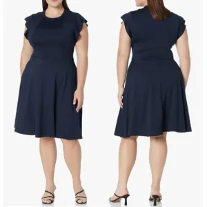 City Chic Aubree Frill Shoulder Fit &amp; Flare Dress Navy Womens Plus Size 16 NWT