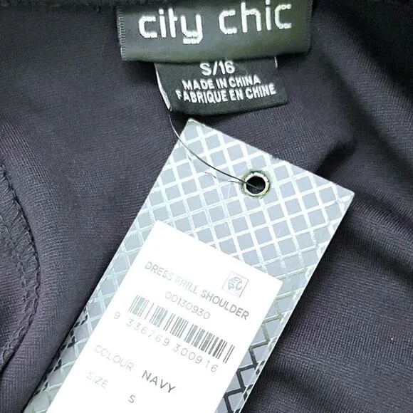 City Chic Aubree Frill Shoulder Fit &amp; Flare Dress Navy Womens Plus Size 16 NWT