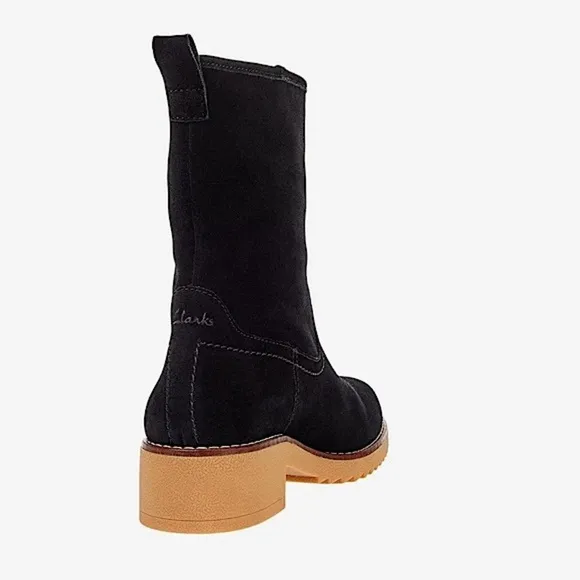 CLARKS Black Suede Boots Eden Mid Hi Chunky Boot Pull One Lug Sole Streetwear