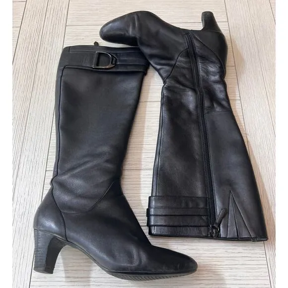 Clark’s ladies back leather 2” heeled boots w/ zipper &amp; buckle Sz 7. Mid‎ calf.