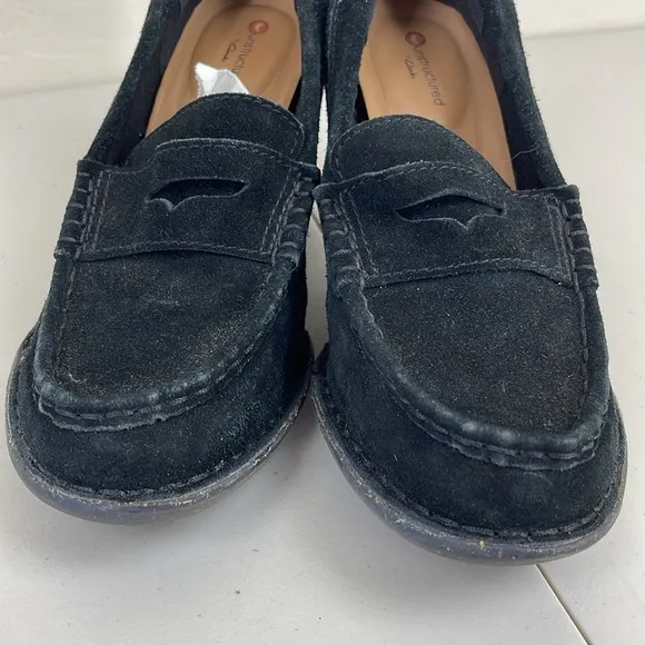 Clarks Unstructured Carleta Belle Black Suede Heeled Penny Loafers Size 7.5W