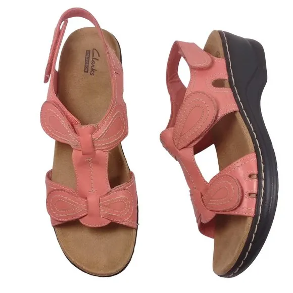 Clarks Women's Lexi Open Toe Sling Back Coral Leather Sandals Size 11M