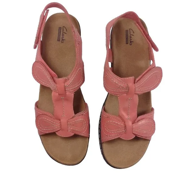Clarks Women's Lexi Open Toe Sling Back Coral Leather Sandals Size 11M
