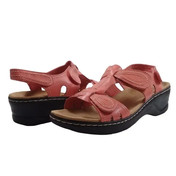 Clarks Women's Lexi Open Toe Sling Back Coral Leather Sandals Size 11M
