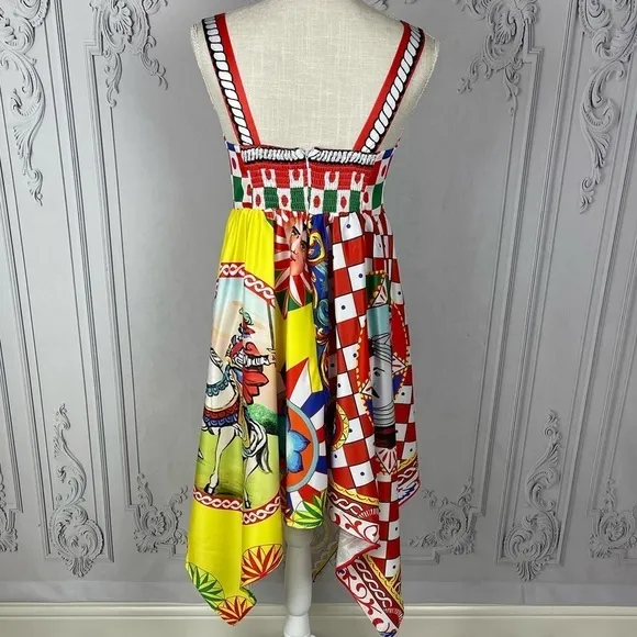 Classy Bright Fun Asymmetrical Hem Runway Midi Cami Babydoll Dress