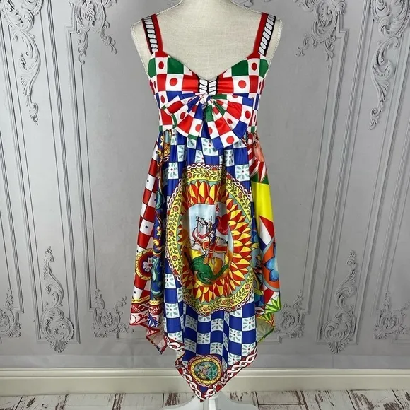 Classy Bright Fun Asymmetrical Hem Runway Midi Cami Babydoll Dress