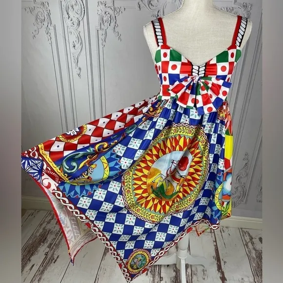 Classy Bright Fun Asymmetrical Hem Runway Midi Cami Babydoll Dress