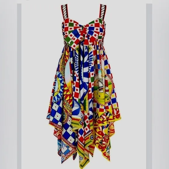 Classy Bright Fun Asymmetrical Hem Runway Midi Cami Babydoll Dress
