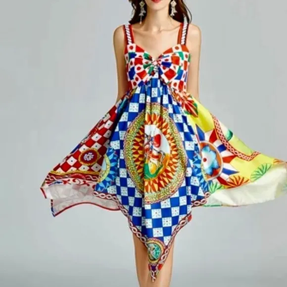 Classy Bright Fun Asymmetrical Hem Runway Midi Cami Babydoll Dress