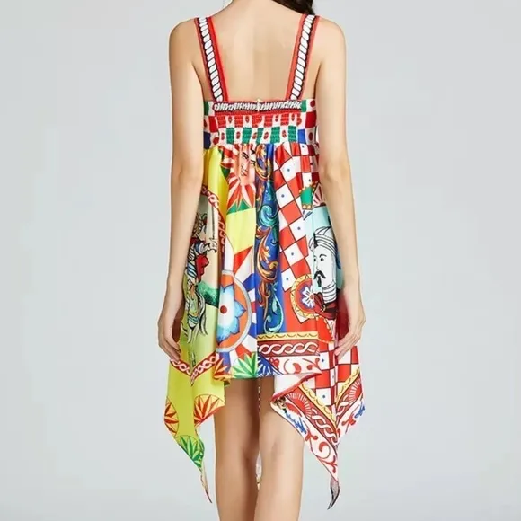 Classy Bright Fun Asymmetrical Hem Runway Midi Cami Babydoll Dress