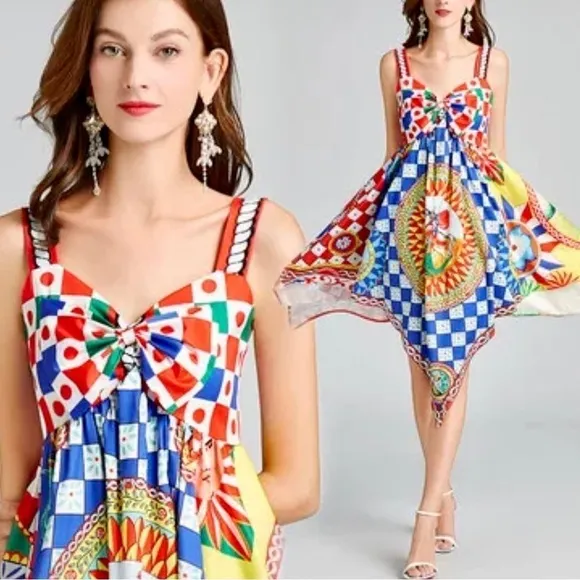 Classy Bright Fun Asymmetrical Hem Runway Midi Cami Babydoll Dress