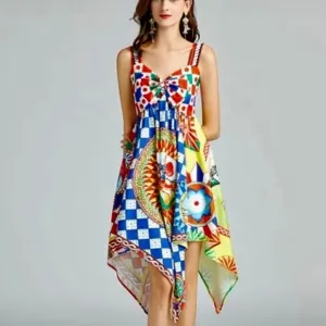 Classy Bright Fun Asymmetrical Hem Runway Midi Cami Babydoll Dress