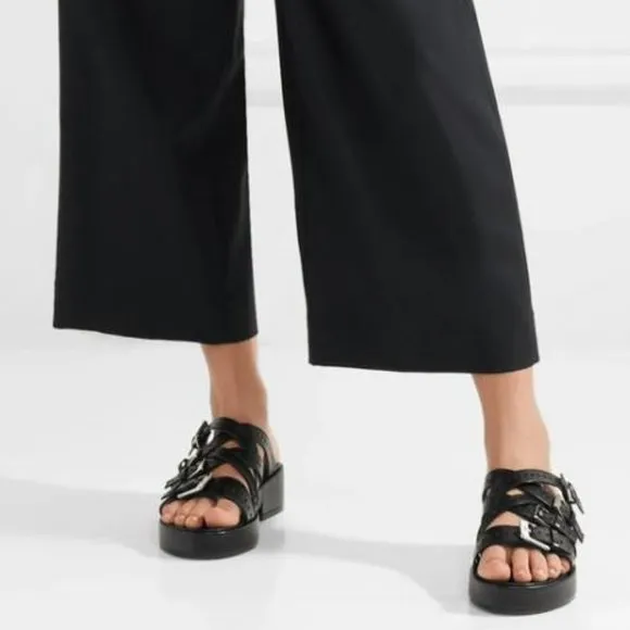 Clergerie Fantom Buckled Laser-Cut Leather Platform Sandals Black