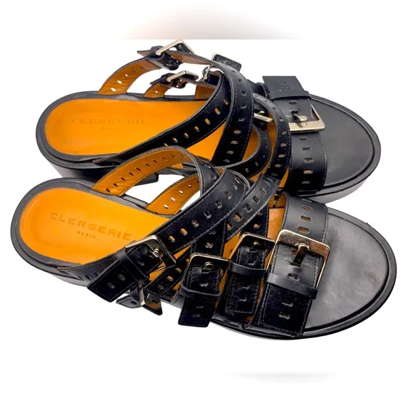 Clergerie Fantom Buckled Laser-Cut Leather Platform Sandals Black