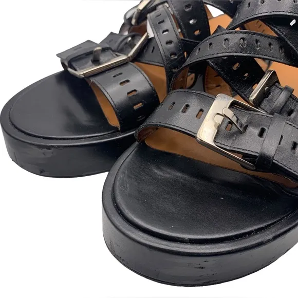 Clergerie Fantom Buckled Laser-Cut Leather Platform Sandals Black