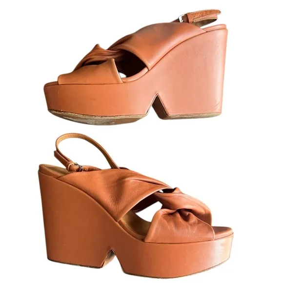 Clergerie Paris Women’s Platform Open Toe Crossed Leather Cognac Heels Sandal 41