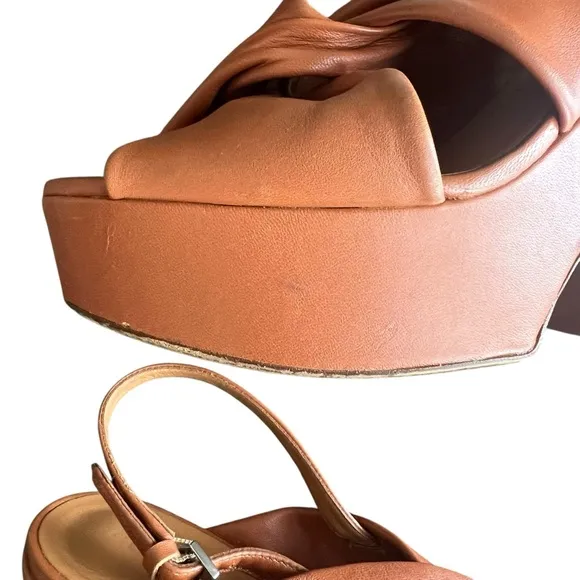 Clergerie Paris Women’s Platform Open Toe Crossed Leather Cognac Heels Sandal 41