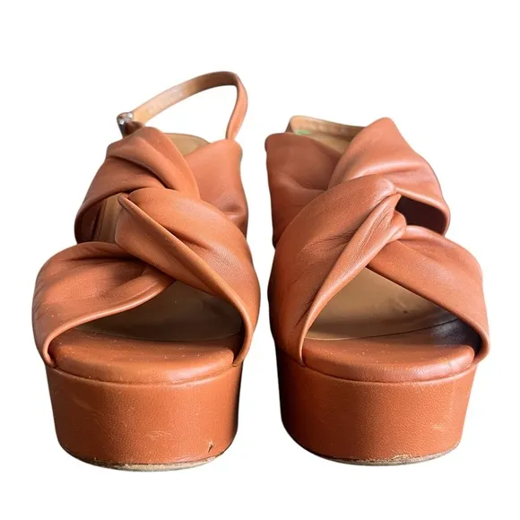 Clergerie Paris Women’s Platform Open Toe Crossed Leather Cognac Heels Sandal 41