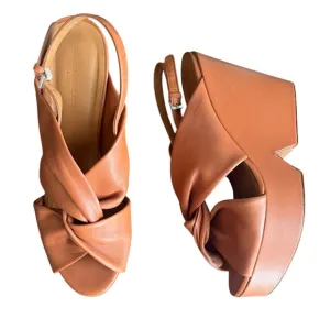 Clergerie Paris Women’s Platform Open Toe Crossed Leather Cognac Heels Sandal 41