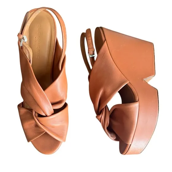 Clergerie Paris Women’s Platform Open Toe Crossed Leather Cognac Heels Sandal 41