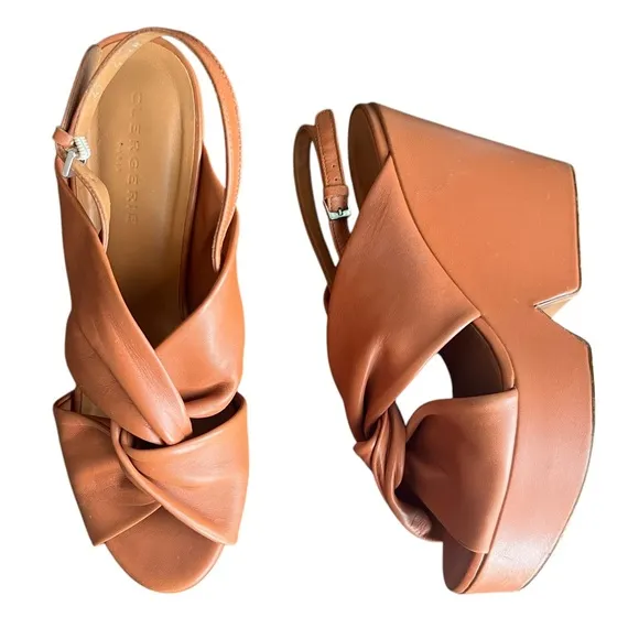 Clergerie Paris Women’s Platform Open Toe Crossed Leather Cognac Heels Sandal 41