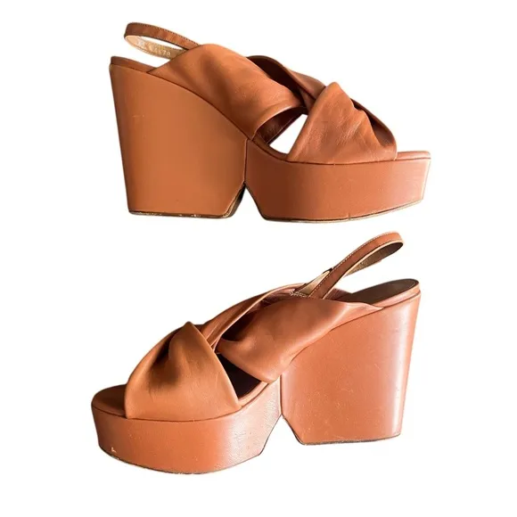 Clergerie Paris Women’s Platform Open Toe Crossed Leather Cognac Heels Sandal 41