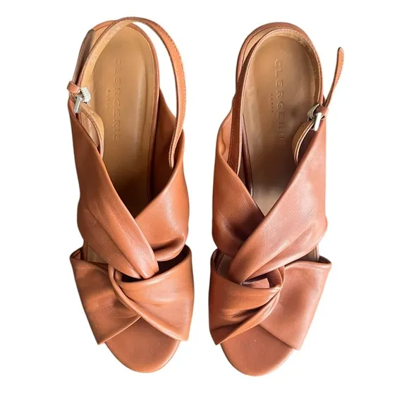 Clergerie Paris Women’s Platform Open Toe Crossed Leather Cognac Heels Sandal 41
