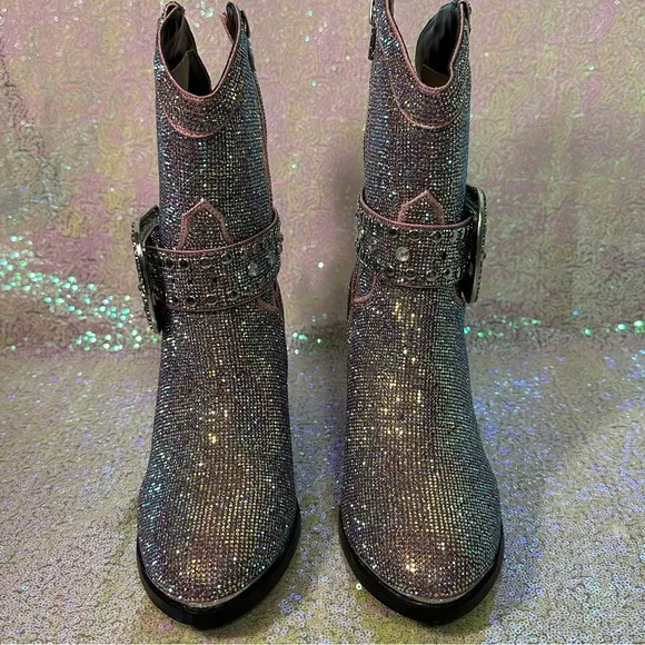Club Exx Dolls Kill Sheriff Shine Mauve Western Cowboy Boots Bling Stones Rave