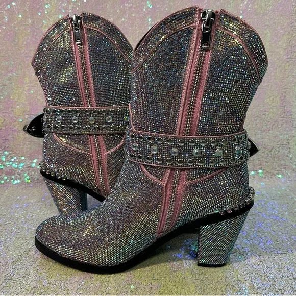 Club Exx Dolls Kill Sheriff Shine Mauve Western Cowboy Boots Bling Stones Rave