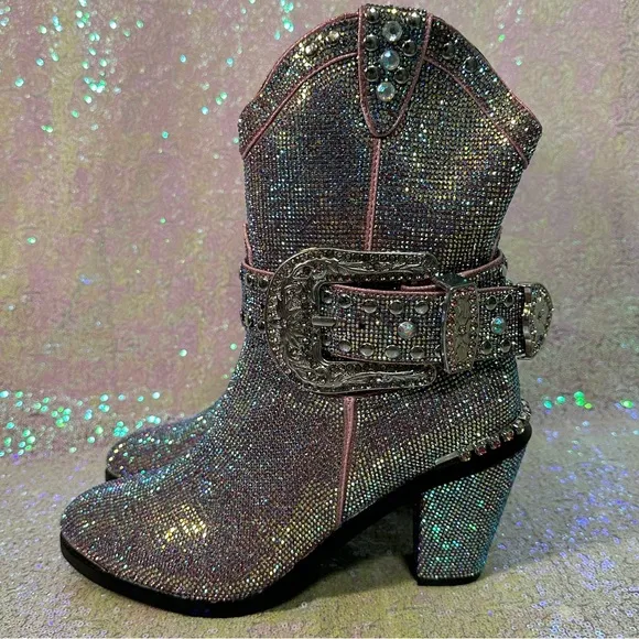 Club Exx Dolls Kill Sheriff Shine Mauve Western Cowboy Boots Bling Stones Rave