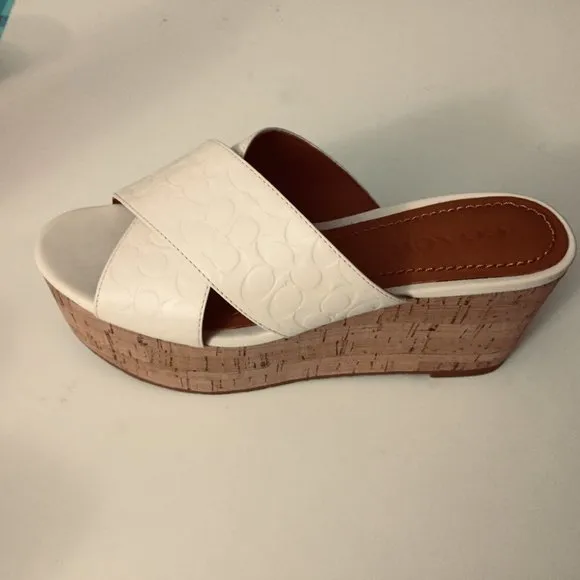 Coach $225 Espadrilles sz6.5 Cork Wedge Slide Sandals Logo Cross Band Chalk