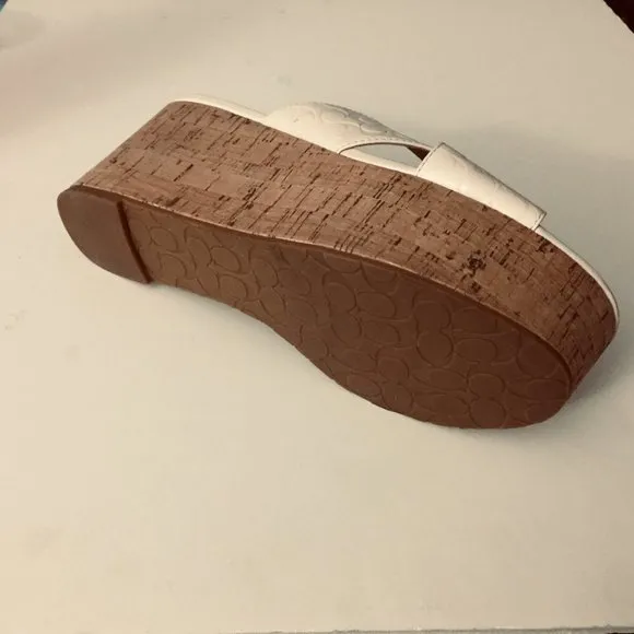 Coach $225 Espadrilles sz6.5 Cork Wedge Slide Sandals Logo Cross Band Chalk