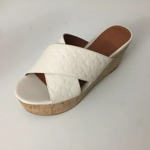 Coach $225 Espadrilles sz6.5 Cork Wedge Slide Sandals Logo Cross Band Chalk